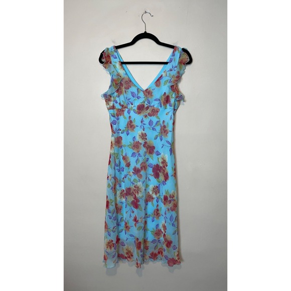 Vintage La Belle Floral V-Neck Ruffle Flutter Sleeve Midi Slip Dress Size 7 - Picture 2 of 4